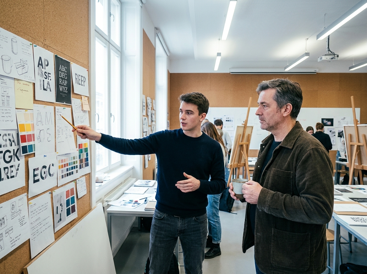 Étudiant en prépa design présentant son moodboard à un professeur lors d'une critique