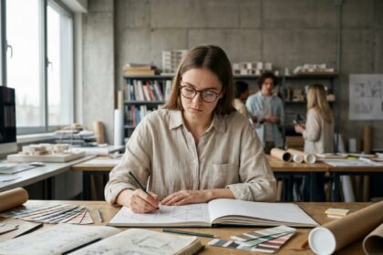 Étudiante en prépa design travaillant sur son book de dessins dans un studio créatif
