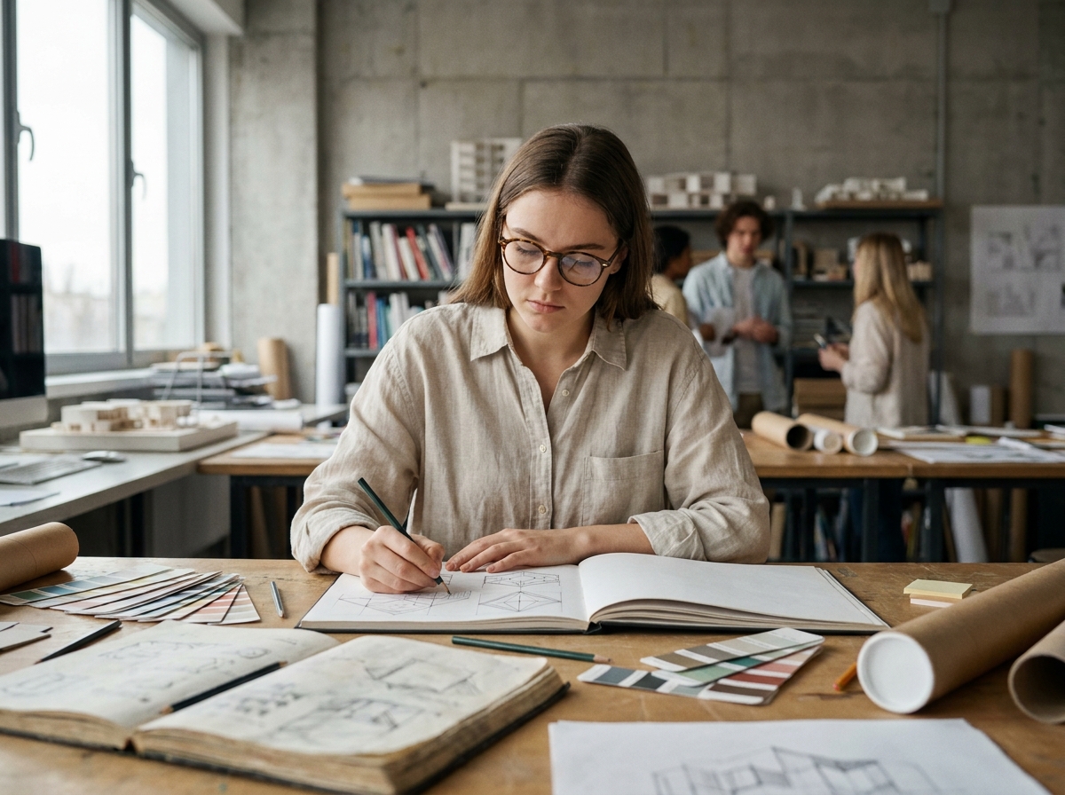 Étudiante en prépa design travaillant sur son book de dessins dans un studio créatif