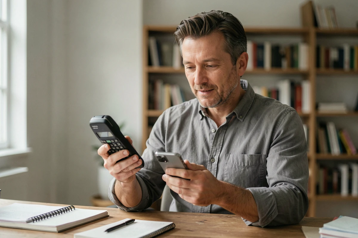Homme tenant un ancien téléphone Nokia et un smartphone moderne, symbolisant l'évolution des usages mobiles