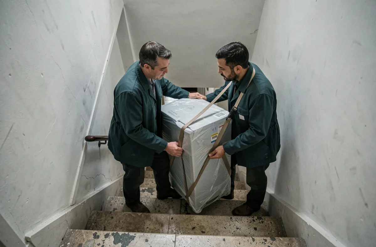 Deux employés d'Evras Déménagement descendant un réfrigérateur emballé dans un escalier étroit d'un immeuble français ancien