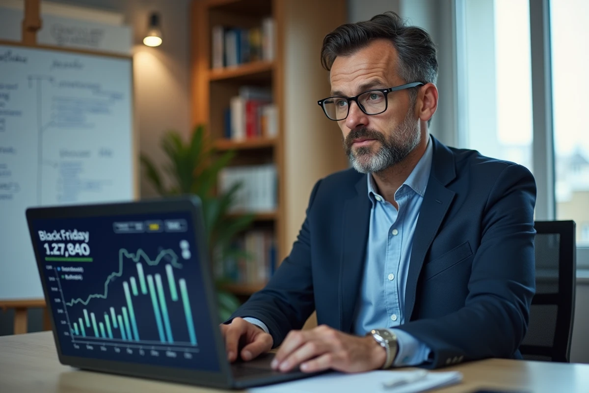 Expert en consommation analysant les tendances et prévisions du Black Friday 2026 sur un ordinateur portable