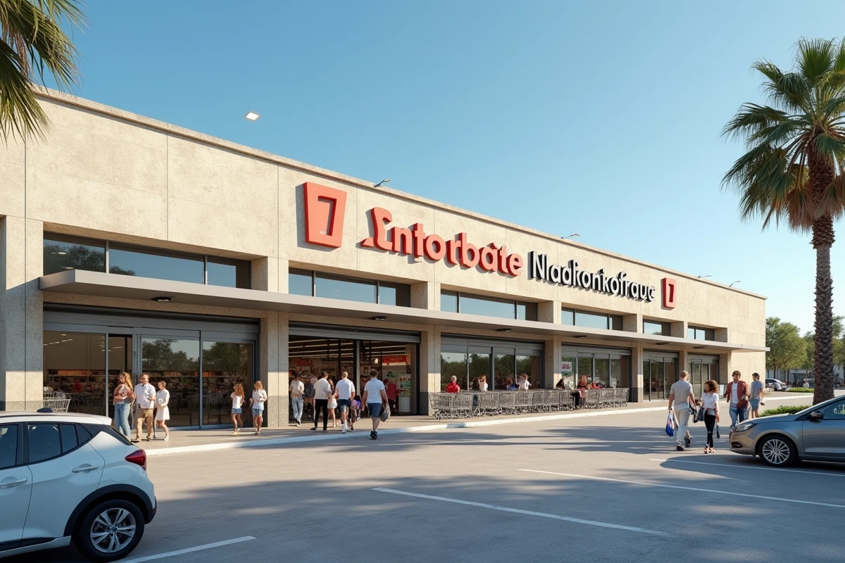 Façade d'un supermarché ouvert le dimanche à Montpellier avec des clients entrant et sortant sur le parking ensoleillé
