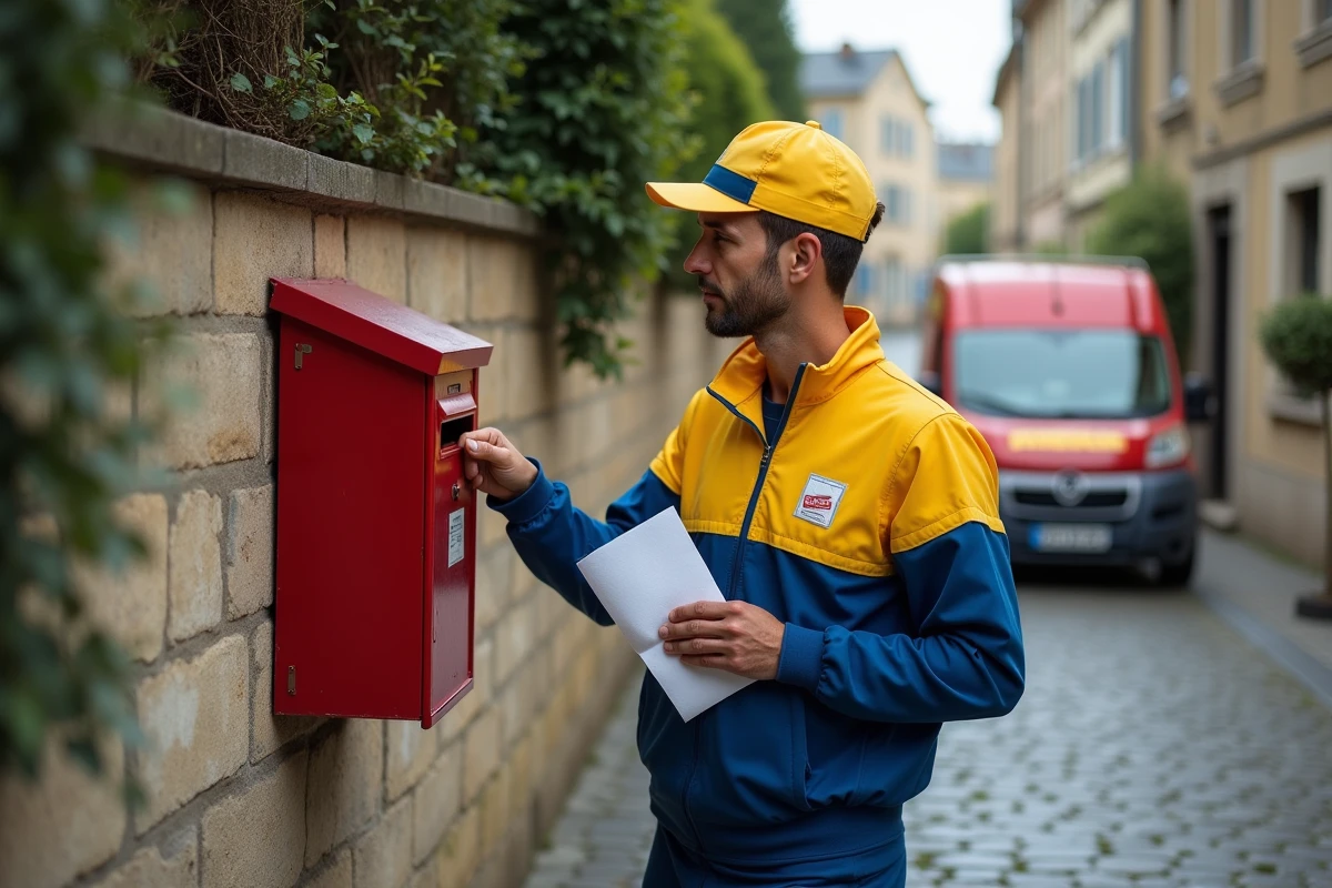 Facteur La Poste déposant un avis de passage dans une boîte aux lettres pour permettre de reprogrammer la livraison d'un colis