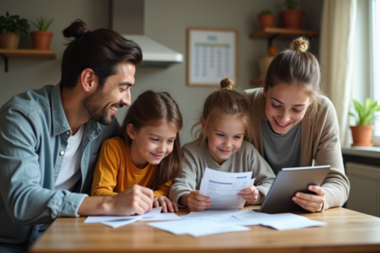 Famille de quatre autour d'une table à la maison pour gérer le budget