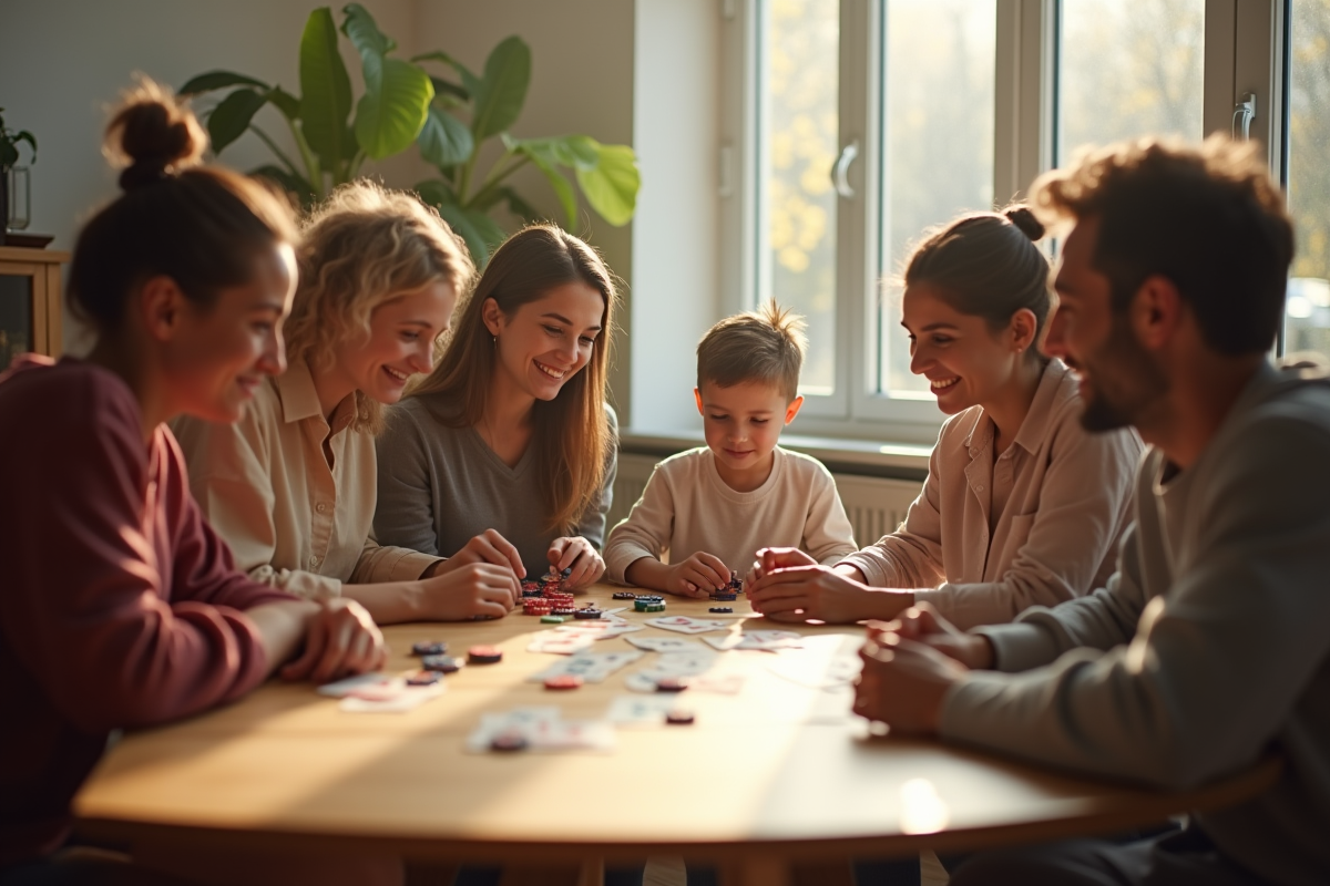 Famille jouant au Nain Jaune moderne dans un salon lumineux