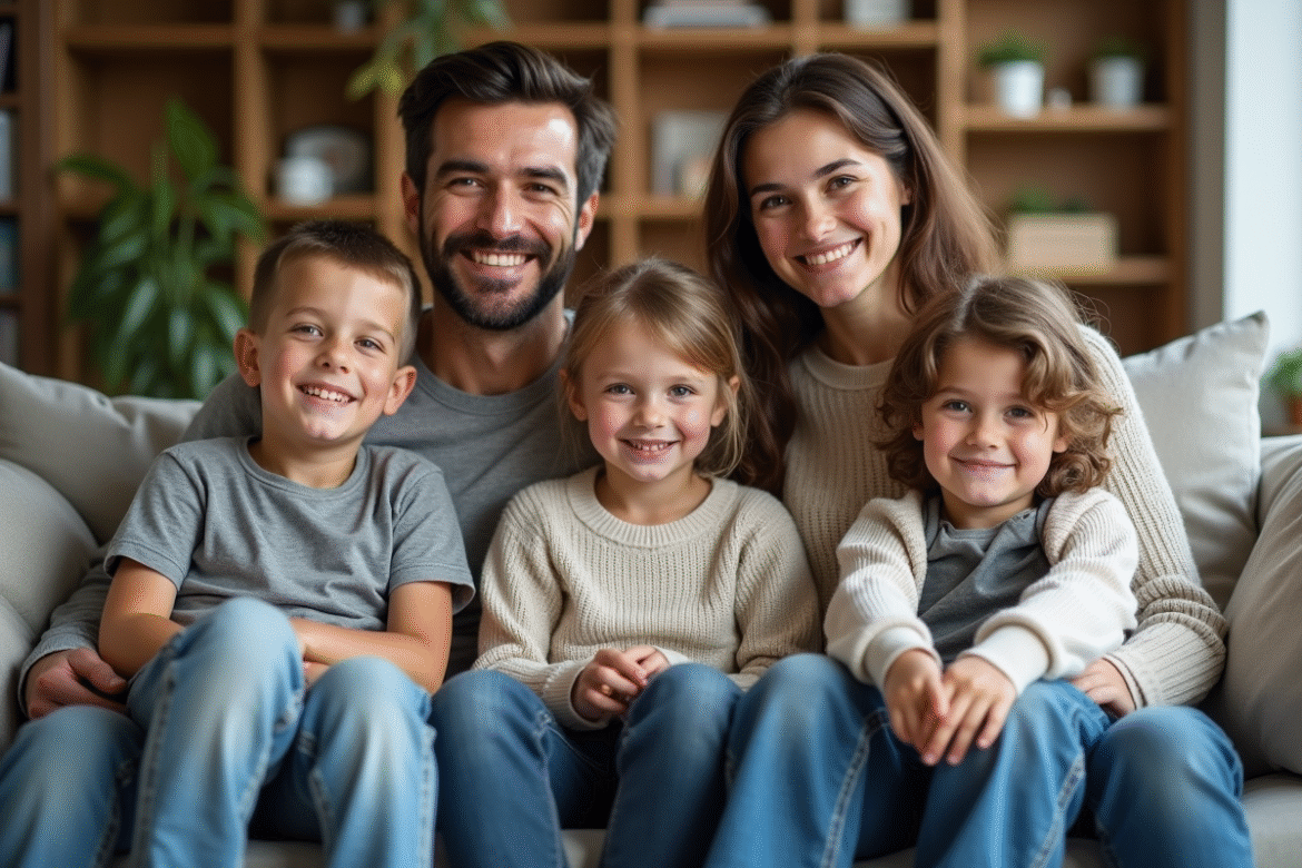 Famille melangee assise sur un sofa chaleureux