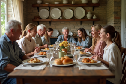 Famille française réunie autour d'un repas traditionnel à la campagne