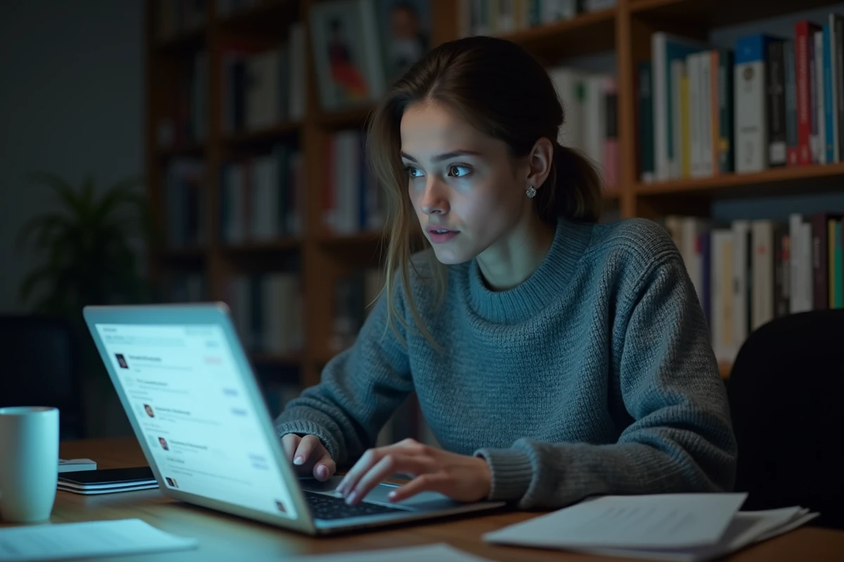 Jeune femme analysant un faux profil sur les réseaux sociaux depuis son bureau à domicile