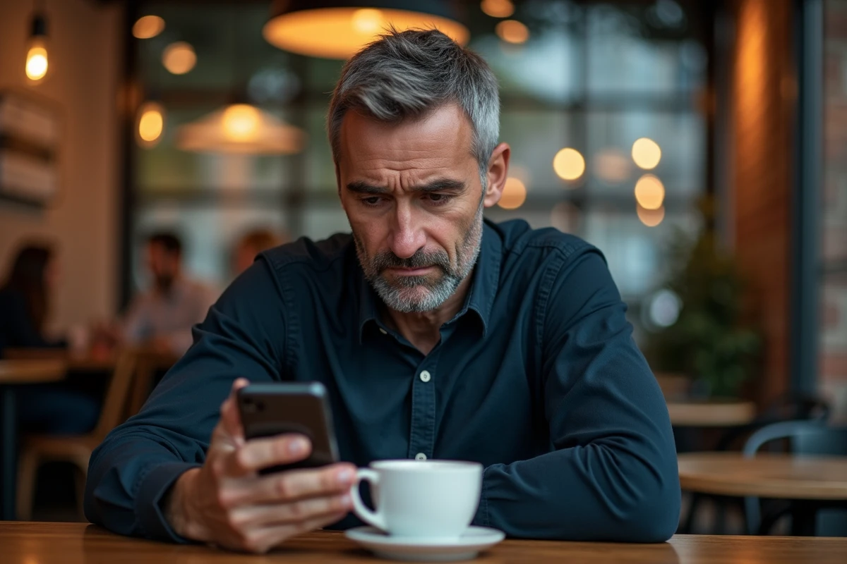 Homme d'âge mûr scrutant un profil suspect sur son smartphone dans un café urbain