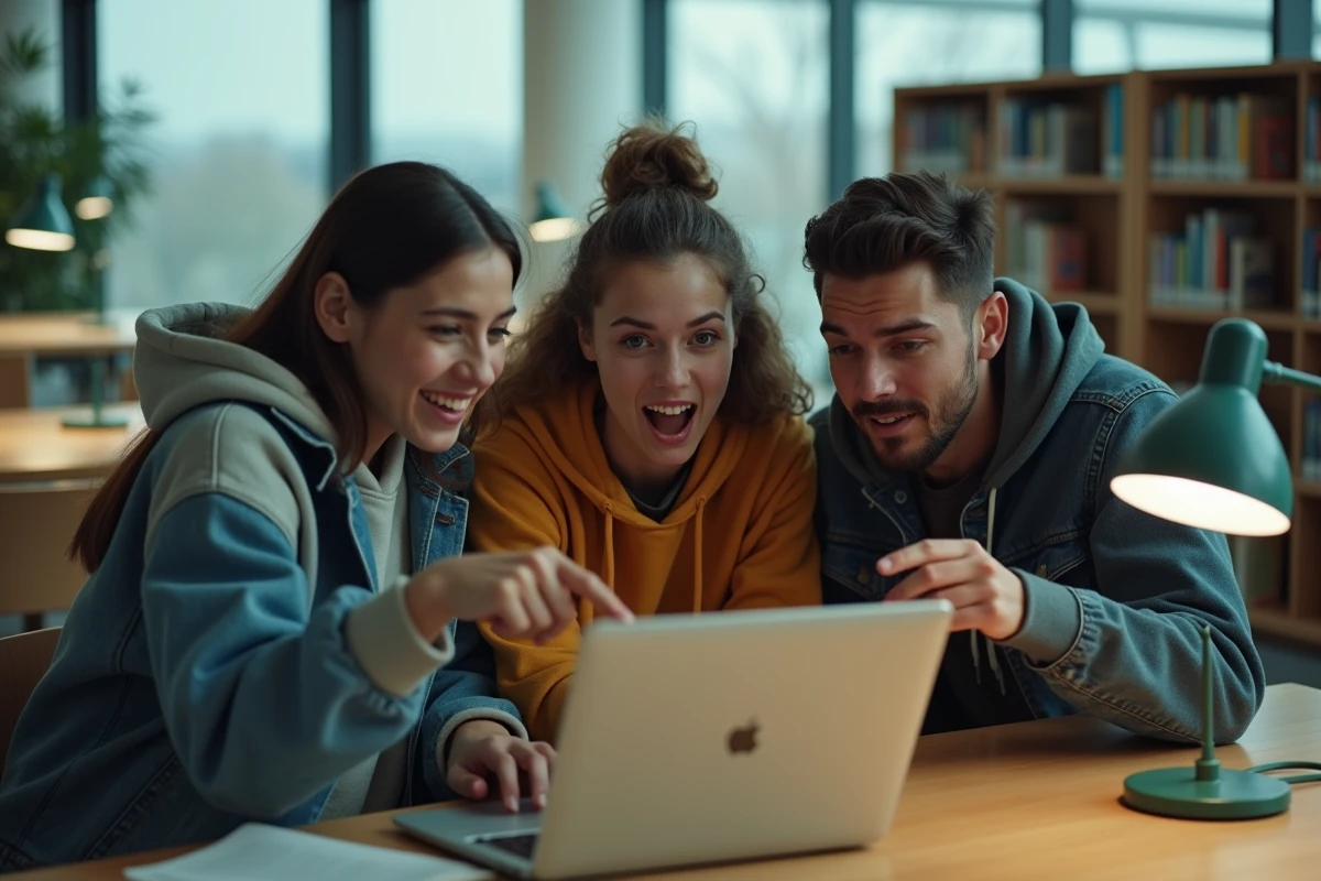 Groupe d'étudiants découvrant ensemble des faux profils en ligne dans une bibliothèque universitaire