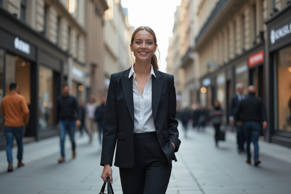 Jeune femme en costume moderne marche dans la ville