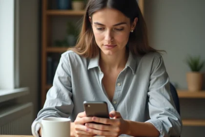 Femme ajoutant l'indicatif 30 dans un contact sur son smartphone depuis un bureau à domicile