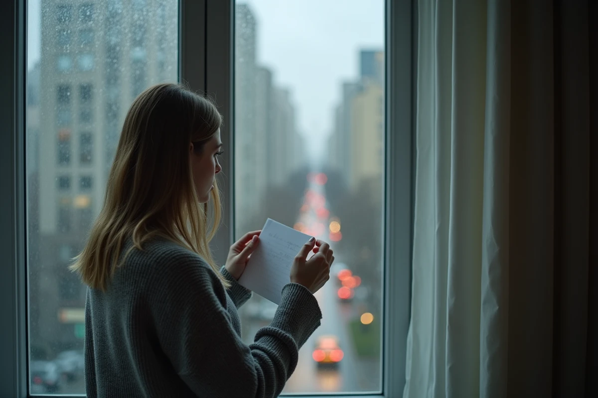 Femme attendant près d'une fenêtre sous la pluie, illustrant l'attente douloureuse face au silence d'un narcissique