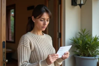 Femme lisant un avis de passage La Poste devant sa porte d'entrée pour reprogrammer une livraison de colis