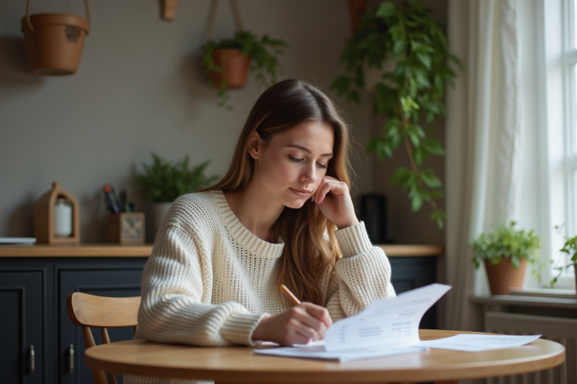 Jeune femme à la maison analysant ses dépenses