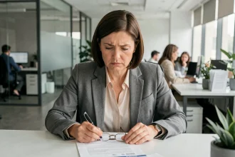 Femme d'affaires examinant un contrat de service avec un regard critique dans un bureau moderne en 2026