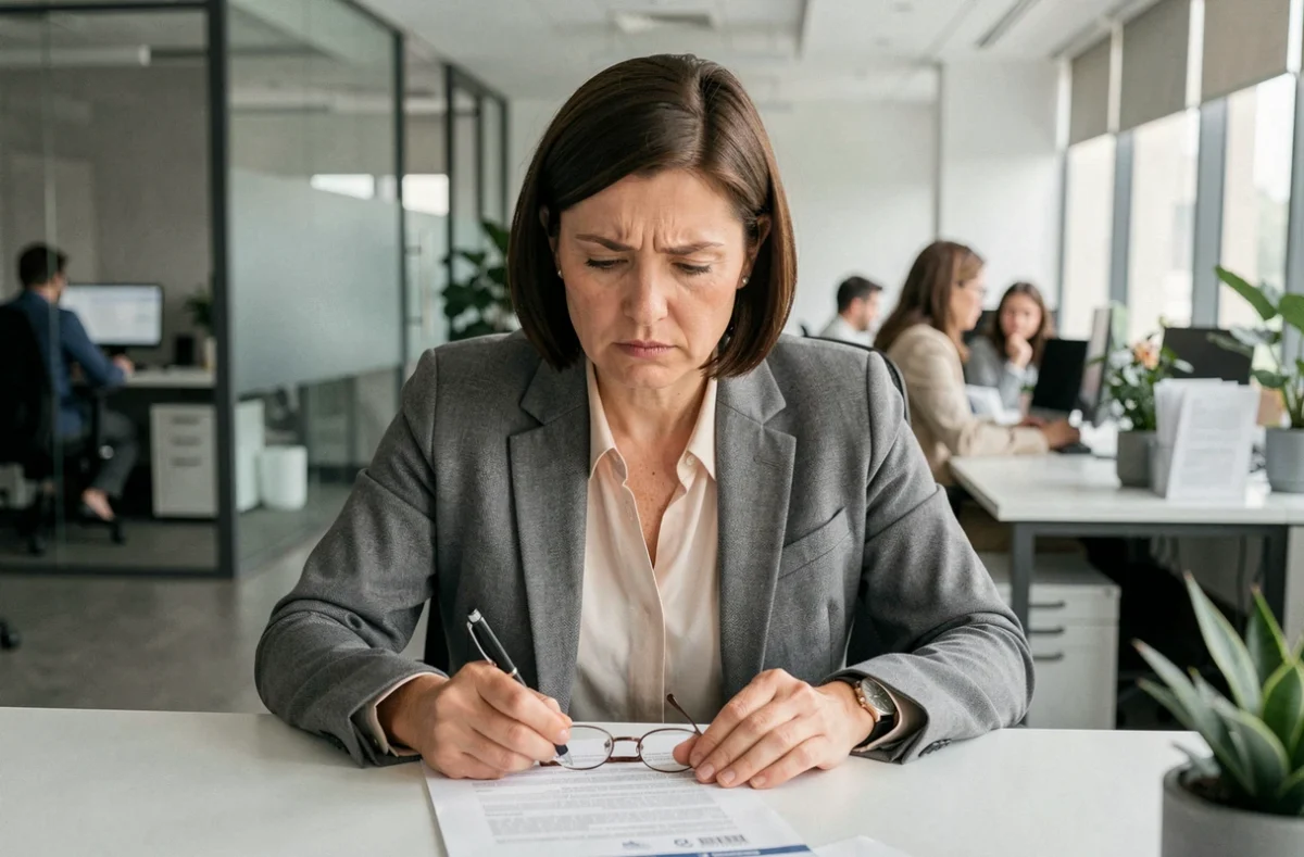 Femme d'affaires examinant un contrat de service avec un regard critique dans un bureau moderne en 2026