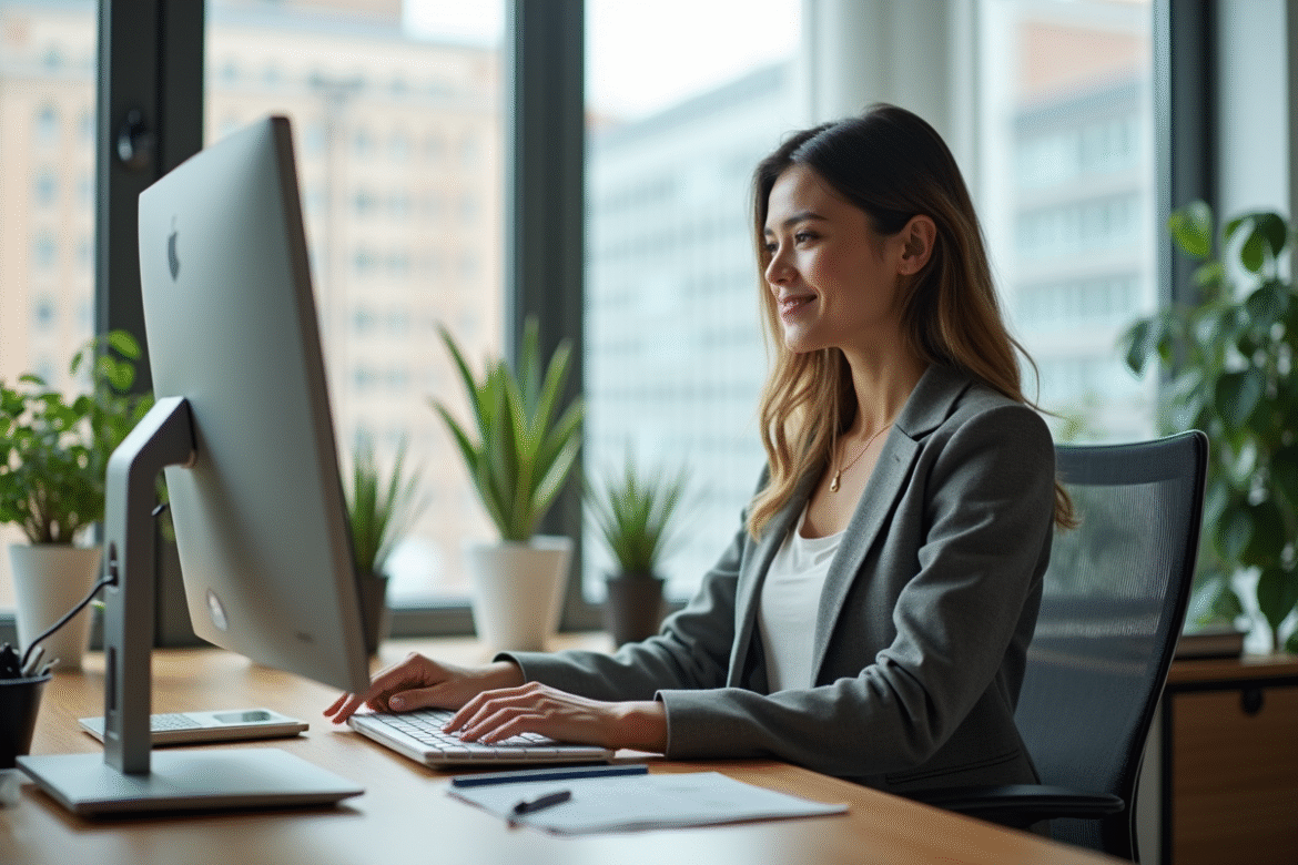 Jeune femme professionnelle ajustant son bureau ergonomique