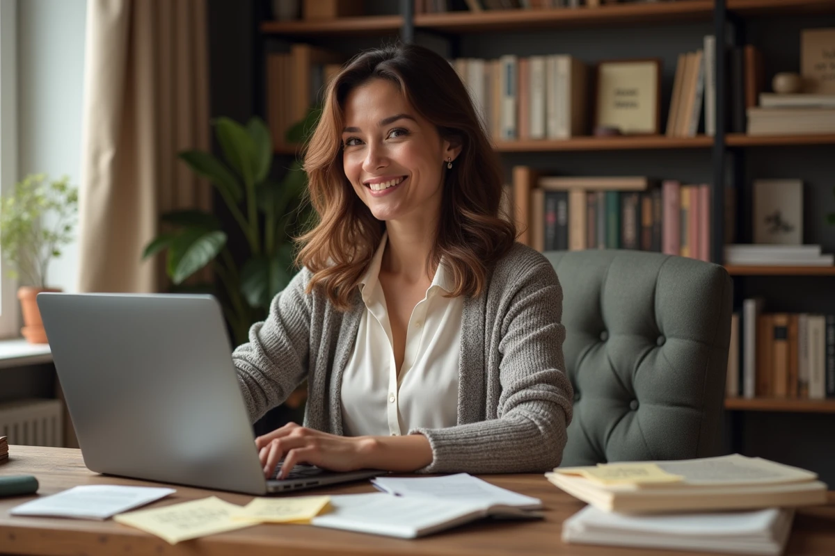 Femme d'âge moyen souriante travaillant à son bureau à domicile