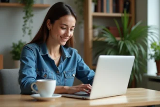 Jeune femme au bureau avec ordinateur portable et café