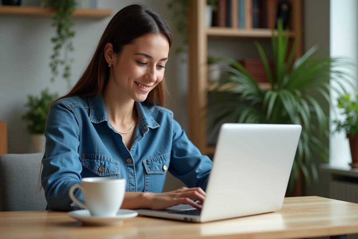 Jeune femme au bureau avec ordinateur portable et café