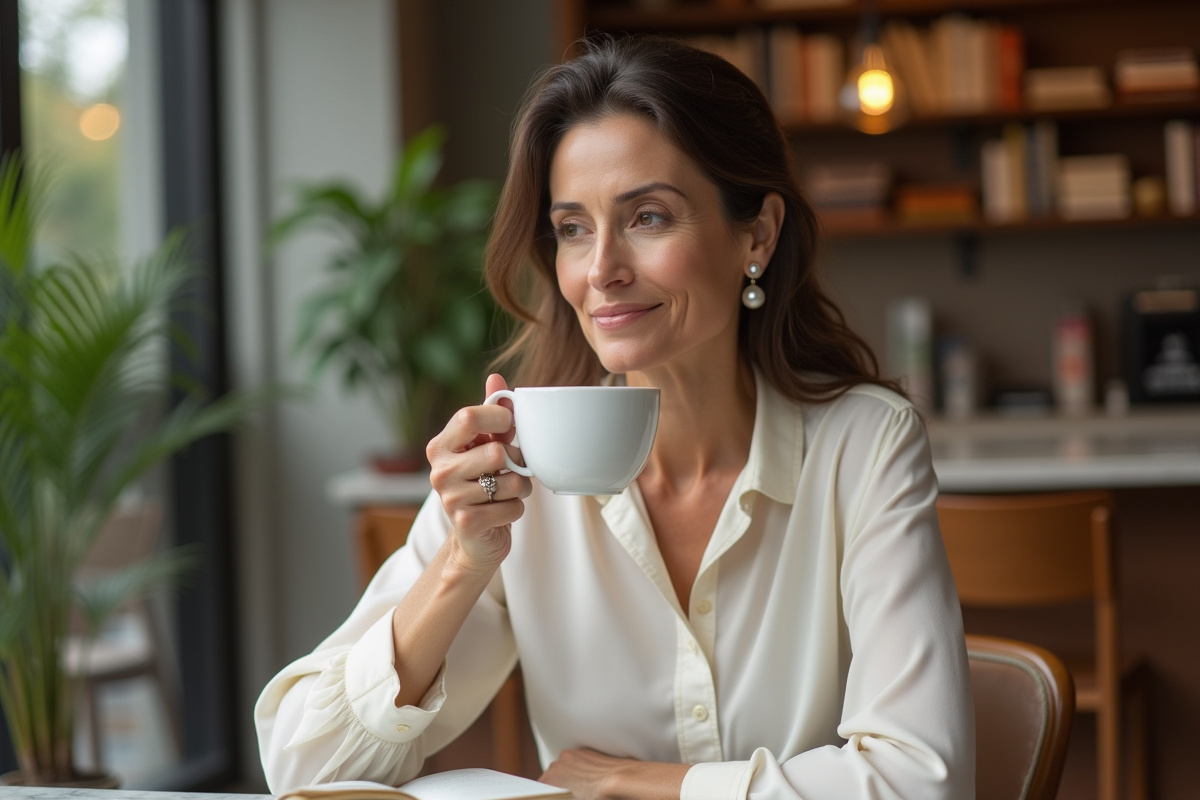 Femme sophistiquée lisant au café intérieur