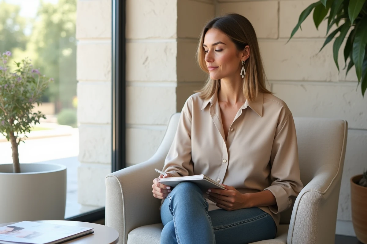 Femme élégante en salle d'attente moderne d'une clinique esthétique