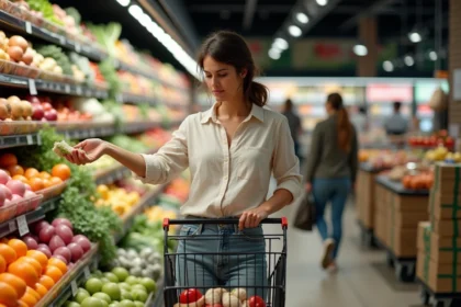 Femme faisant ses courses dans un supermarché ouvert le dimanche à Montpellier, comparant les prix des légumes frais