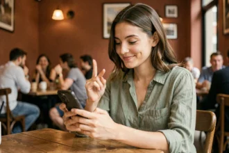 Jeune femme croisant les doigts tout en utilisant son smartphone dans un café, emoji chance et communication numérique