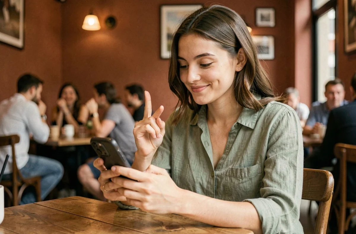 Jeune femme croisant les doigts tout en utilisant son smartphone dans un café, emoji chance et communication numérique