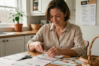 Femme découpant des bons de réduction imprimés sur une table de cuisine en bois pour faire des économies sur ses courses