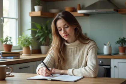 Jeune femme écrivant dans un notepad en cuisine lumineuse