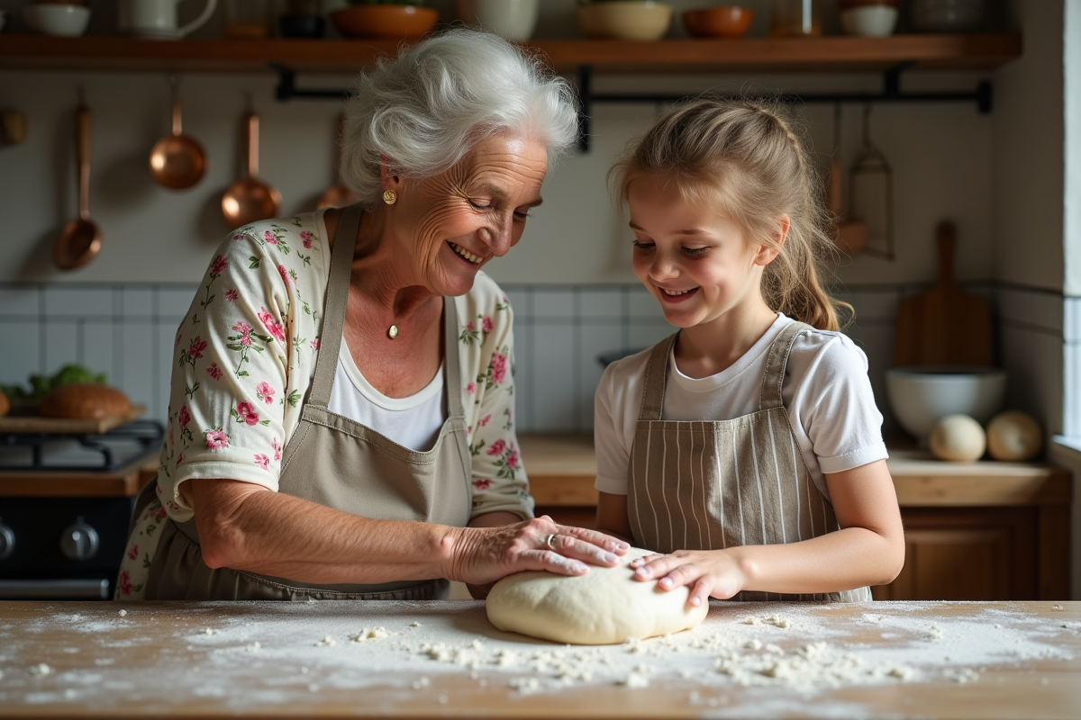 Femme âgée enseignant une jeune fille à pétrir la pâte à pain