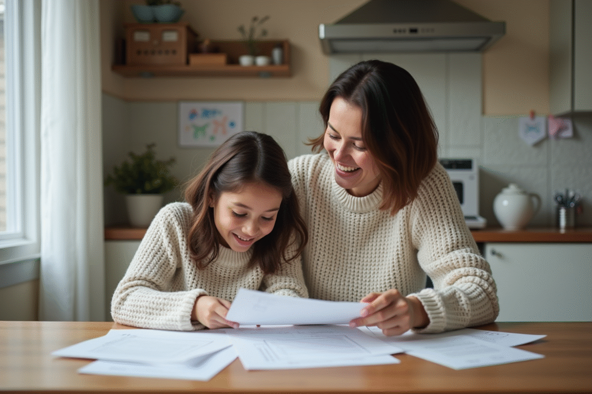 Femme et enfant discutent documents d'adoption à la maison