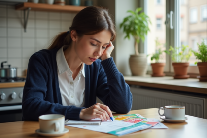 Femme réfléchissant à ses livrets d'épargne dans la cuisine