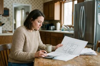 Femme étudie un plan de maison dans une cuisine chaleureuse