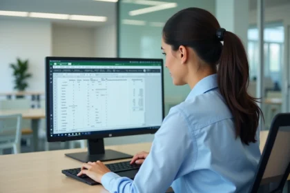 Femme travaillant sur Excel avec des formules de conversion mètre cube en litre affichées à l'écran