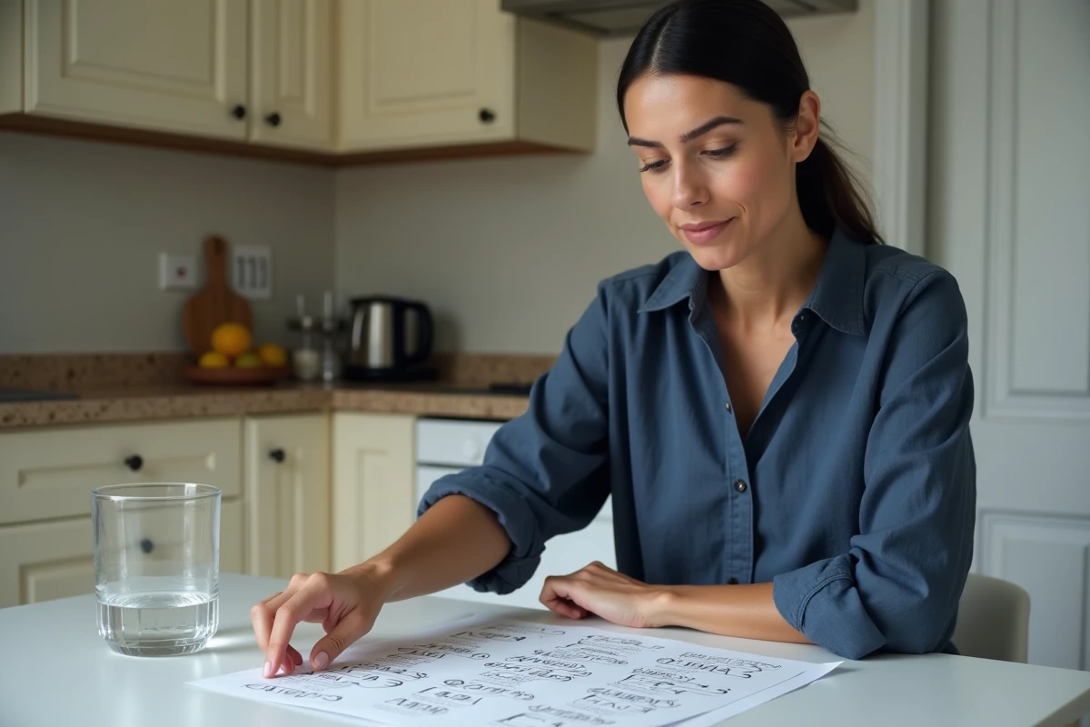 Femme expliquant la conversion de chiffres romains en chiffres arabes sur une feuille imprimée dans une cuisine