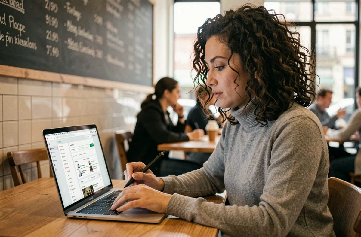 Femme travaillant seule dans un café sur l'interface d'un site web en cours d'évolution, symbolisant la gestion de contenu et le futur numérique