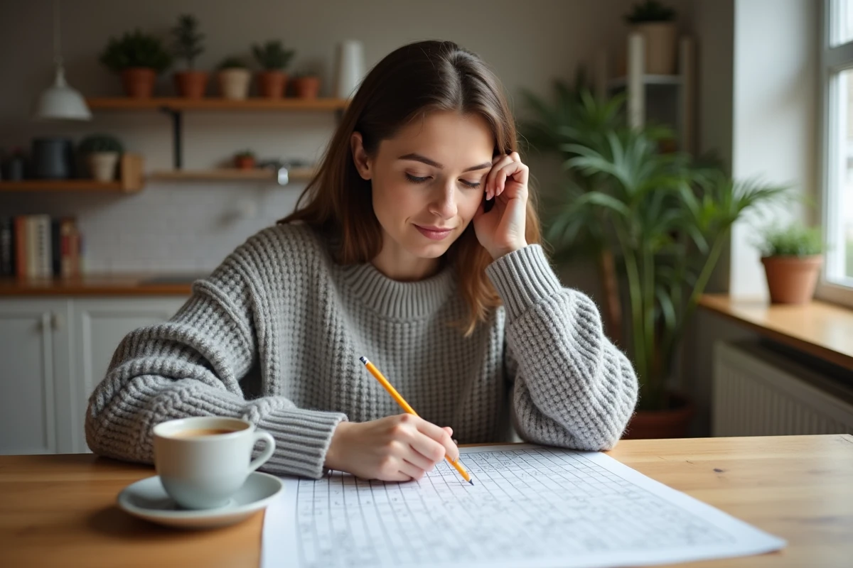 Femme concentrée résolvant une grille de mots croisés sur papier à une table en bois dans un intérieur nordique chaleureux