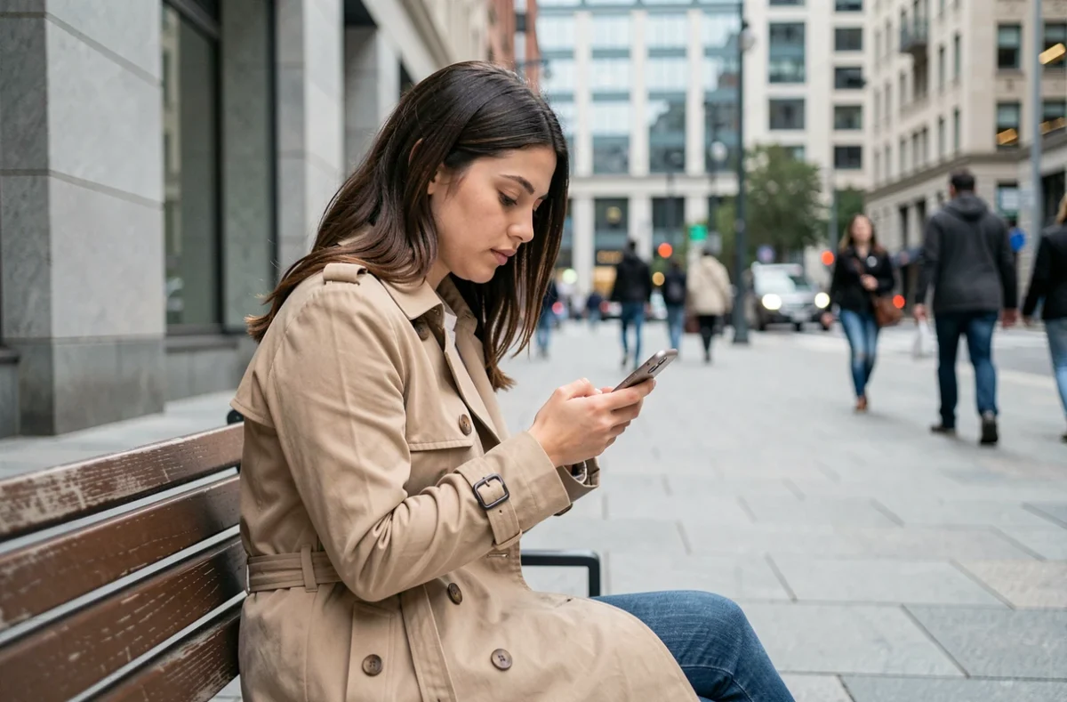 Jeune femme consultant les horaires du service téléphonique de Pôle Emploi sur son smartphone en ville