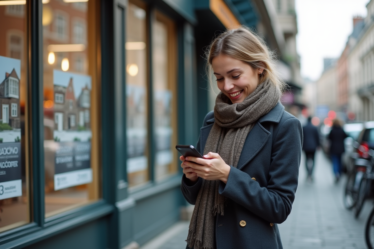 Jeune femme dans la rue utilisant son smartphone devant agences immobilières