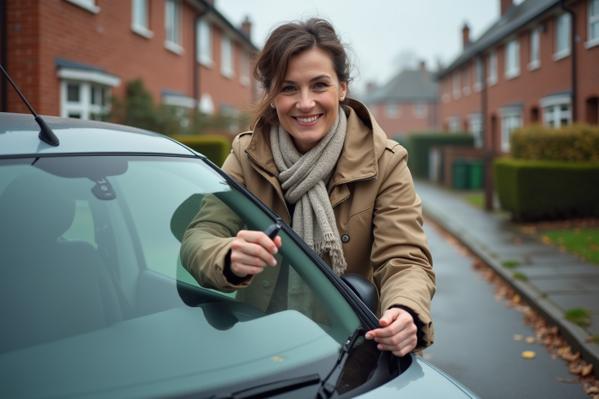 Femme installe un balai wiper sur sa voiture en rue résidentielle