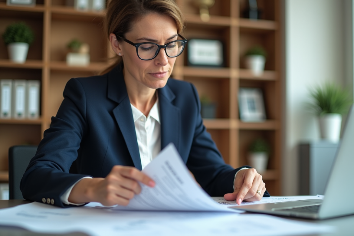 Femme d affaires en blazer examine documents immobiliers