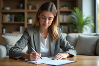Femme en train de lire un contrat de location dans un salon moderne