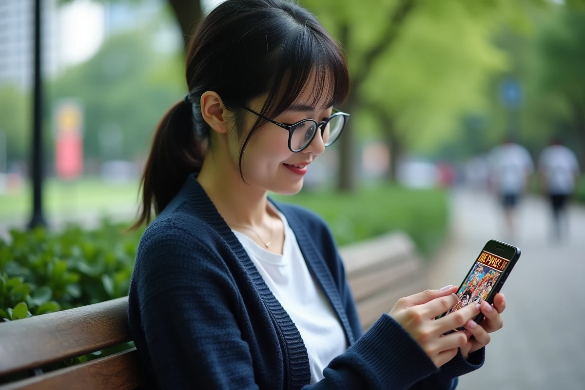 Femme lisant manga sur smartphone dans un parc urbain