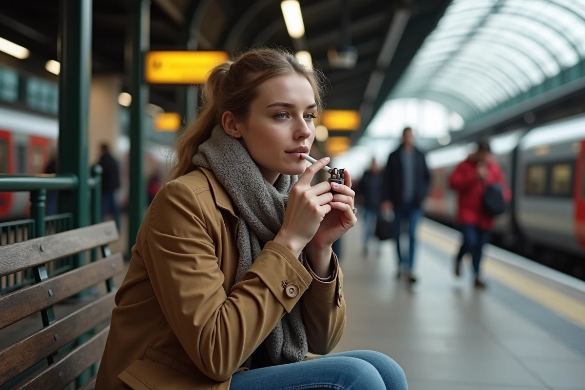 Jeune femme allumant une cigarette avec un briquet à Londres