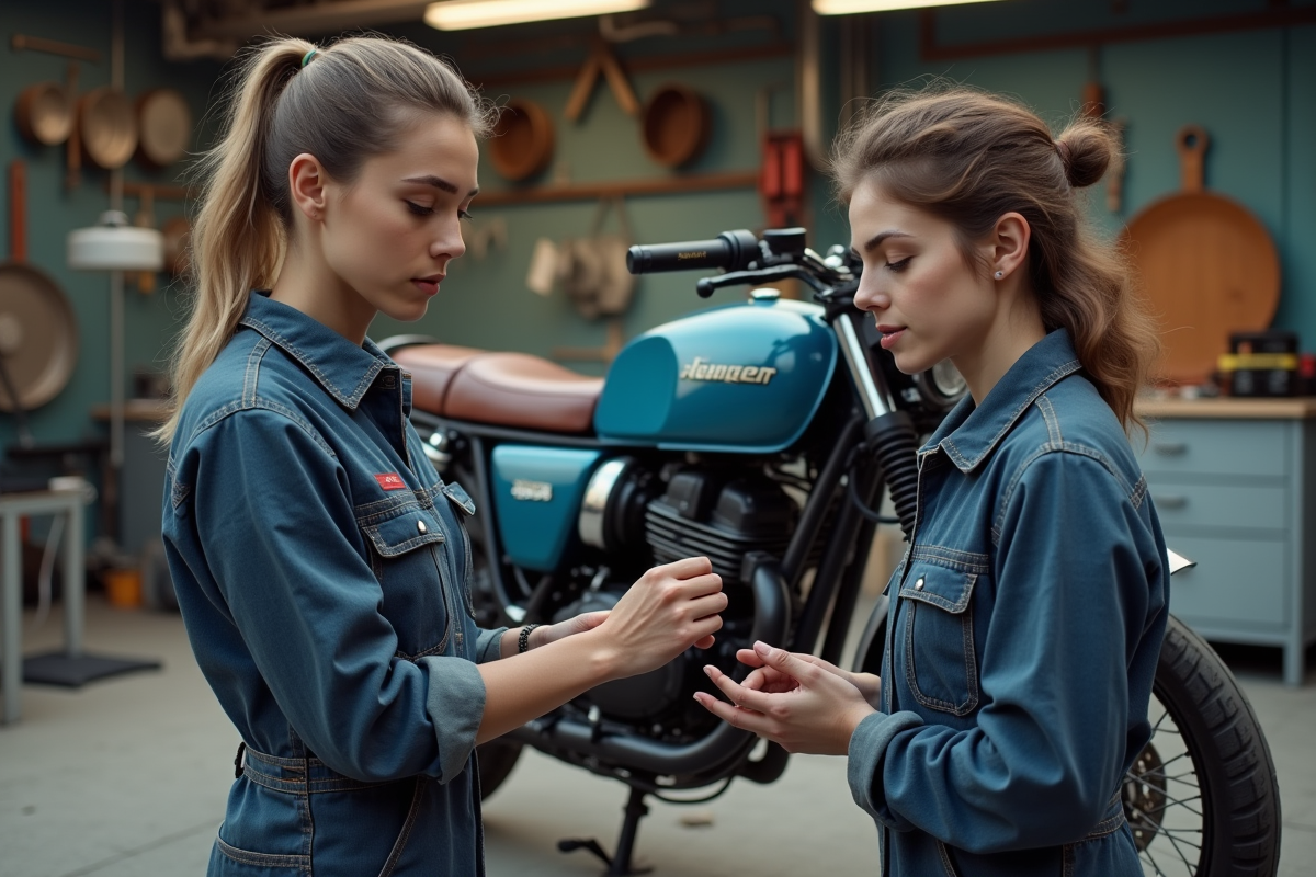 Femme mécanicienne inspectant une moto Benda Avenger