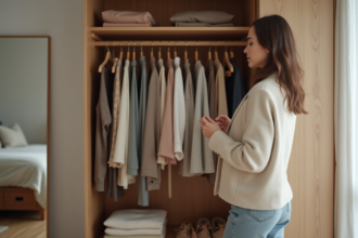 Femme stylée choisissant des vêtements dans une garde-robe organisée